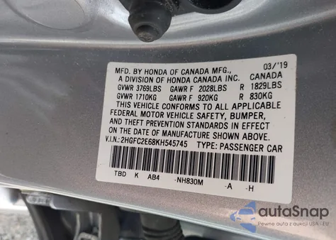 2019 Honda Civic Lx из США, поврежденный, VIN 2HGFC2E68KH545745